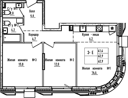 Планировка евротрёшка (3Е) 62.9 м² в ЖК «УНО.Соколиная гора», корпус Б