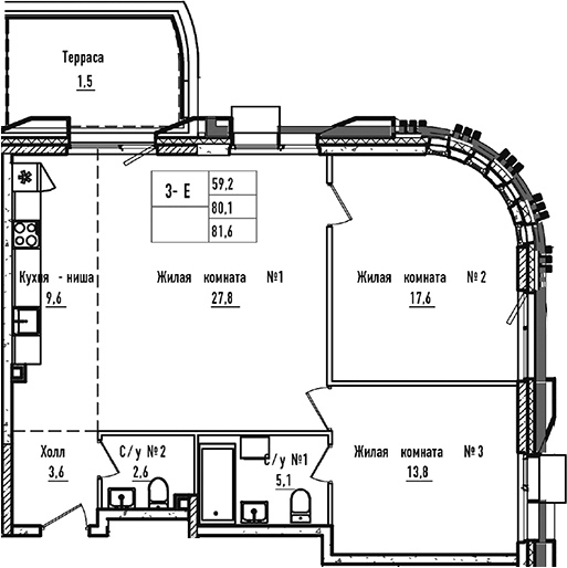 Планировка евротрёшка (3Е) 81.6 м² в ЖК «УНО.Соколиная гора», корпус Б