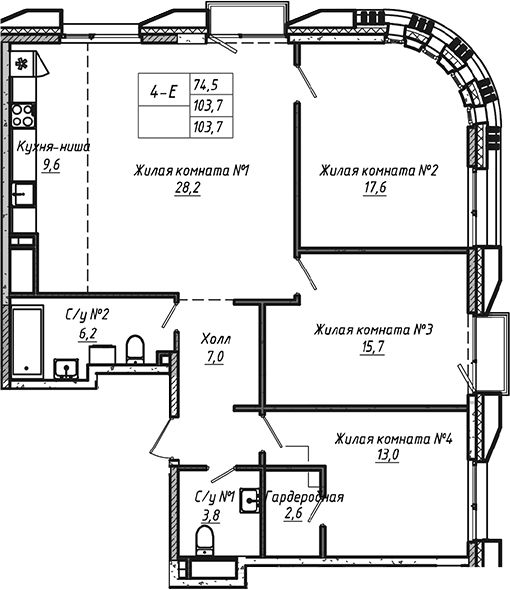 Планировка евро-4 (4Е) 103.7 м² в ЖК «УНО.Соколиная гора», корпус Б