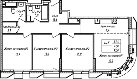 Планировка евро-4 (4Е) 93 м² в ЖК «УНО.Соколиная гора», корпус А