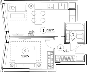 Планировка евродвушка (2Е) 40.62 м² в ЖК «УНО.Горбунова», корпус 1