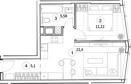 Планировка евродвушка (2Е) 44.21 м² в ЖК «УНО.Горбунова», корпус 1