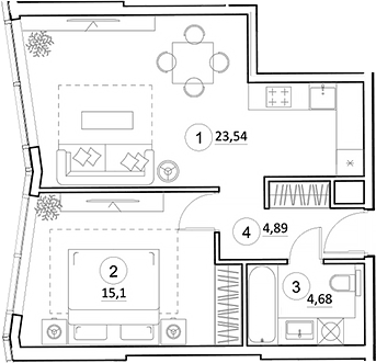 Планировка евродвушка (2Е) 48.21 м² в ЖК «УНО.Горбунова», корпус 1