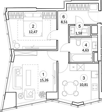 Планировка двухкомнатная 53.13 м² в ЖК «УНО.Горбунова», корпус 1