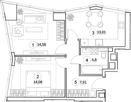 Планировка двухкомнатная 54.38 м² в ЖК «УНО.Горбунова», корпус 1