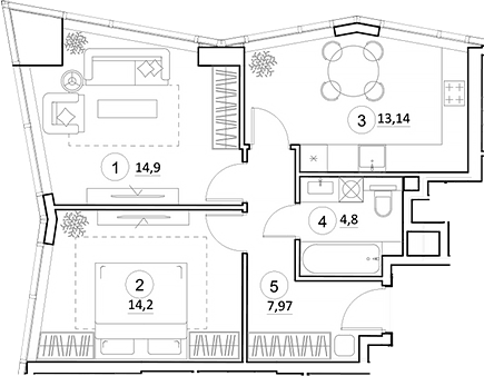 Планировка двухкомнатная 55.01 м² в ЖК «УНО.Горбунова», корпус 1
