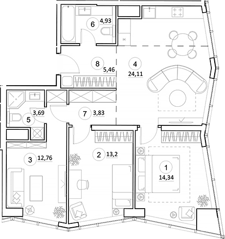 Планировка евро-4 (4Е) 82.32 м² в ЖК «УНО.Горбунова», корпус 1