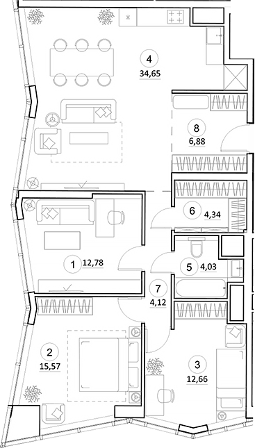 Планировка евро-4 (4Е) 95.03 м² в ЖК «УНО.Горбунова», корпус 1