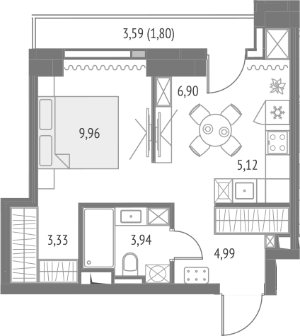 Планировка евродвушка (2Е) 34.24 м² в ЖК «Апсайд Тауэрс», корпус Атлас