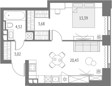 Планировка евродвушка (2Е) 45.04 м² в ЖК «Апсайд Тауэрс», корпус Атлас