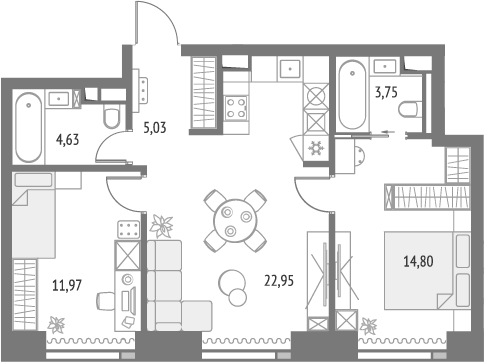 Планировка евротрёшка (3Е) 64.13 м² в ЖК «Апсайд Тауэрс», корпус Эверест