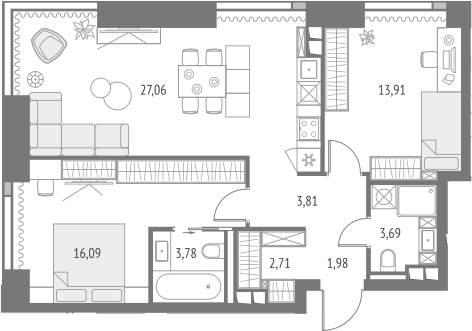 Планировка евротрёшка (3Е) 73.03 м² в ЖК «Апсайд Тауэрс», корпус Атлас