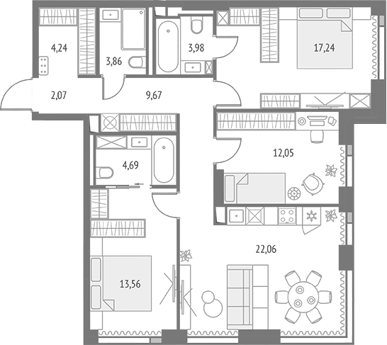 Планировка евро-4 (4Е) 93.47 м² в ЖК «Апсайд Тауэрс», корпус Олимп