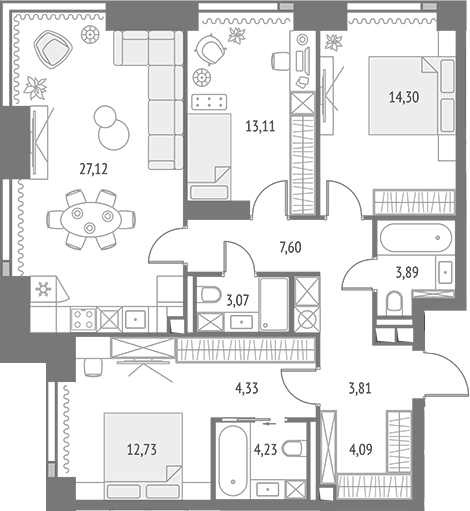 Планировка евро-4 (4Е) 98.28 м² в ЖК «Апсайд Тауэрс», корпус Монте Бьянко