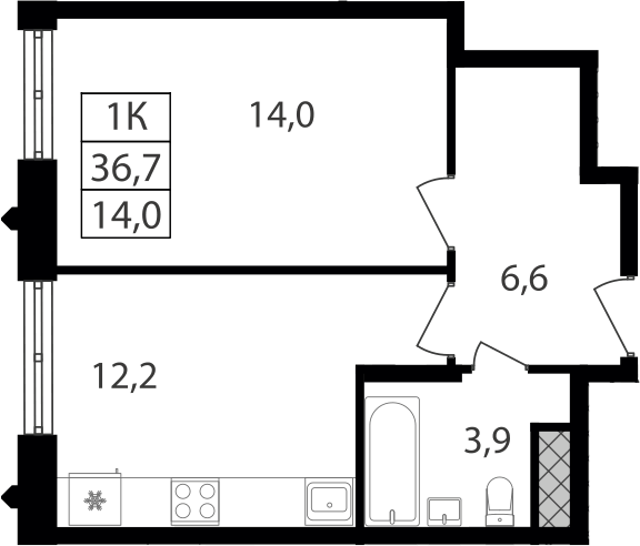 Планировка однокомнатная 36.7 м² в ЖК «Варшавские ворота», корпус 1