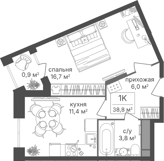 Планировка однокомнатная 38.8 м² в ЖК «Варшавские ворота», корпус 1