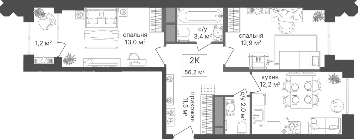 Планировка двухкомнатная 57.9 м² в ЖК «Варшавские ворота», корпус 1