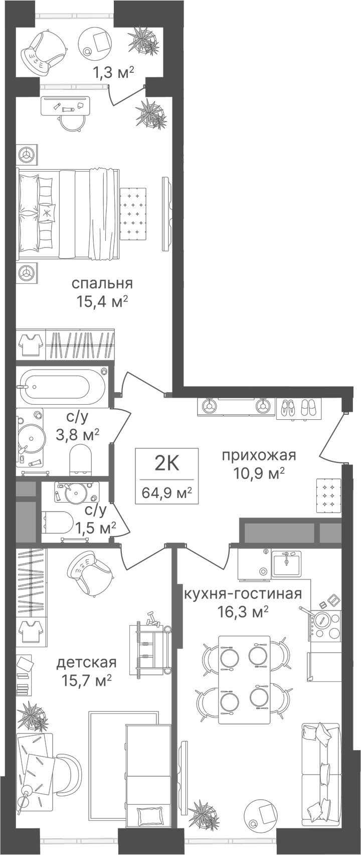Планировка двухкомнатная 64.9 м² в ЖК «Варшавские ворота», корпус 1