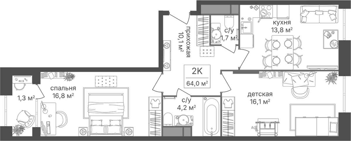 Планировка двухкомнатная 64 м² в ЖК «Варшавские ворота», корпус 1