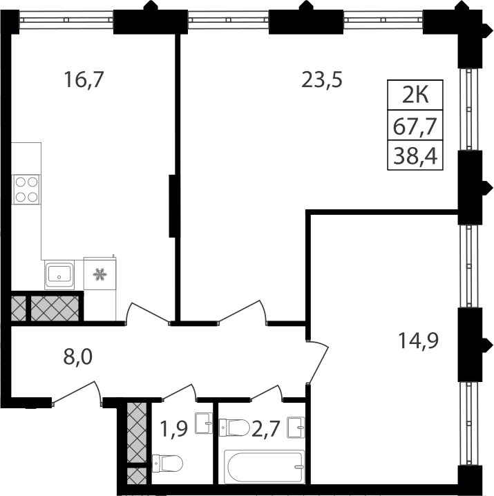 Планировка двухкомнатная 67.7 м² в ЖК «Варшавские ворота», корпус 1