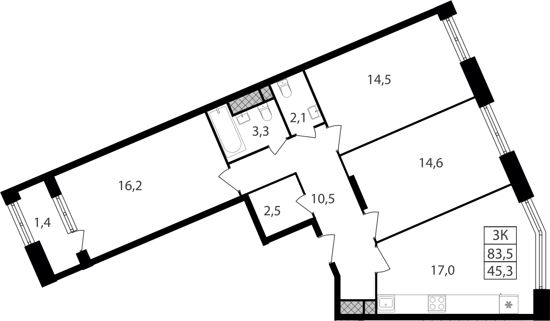 Планировка трёхкомнатная 82.1 м² в ЖК «Варшавские ворота», корпус 1