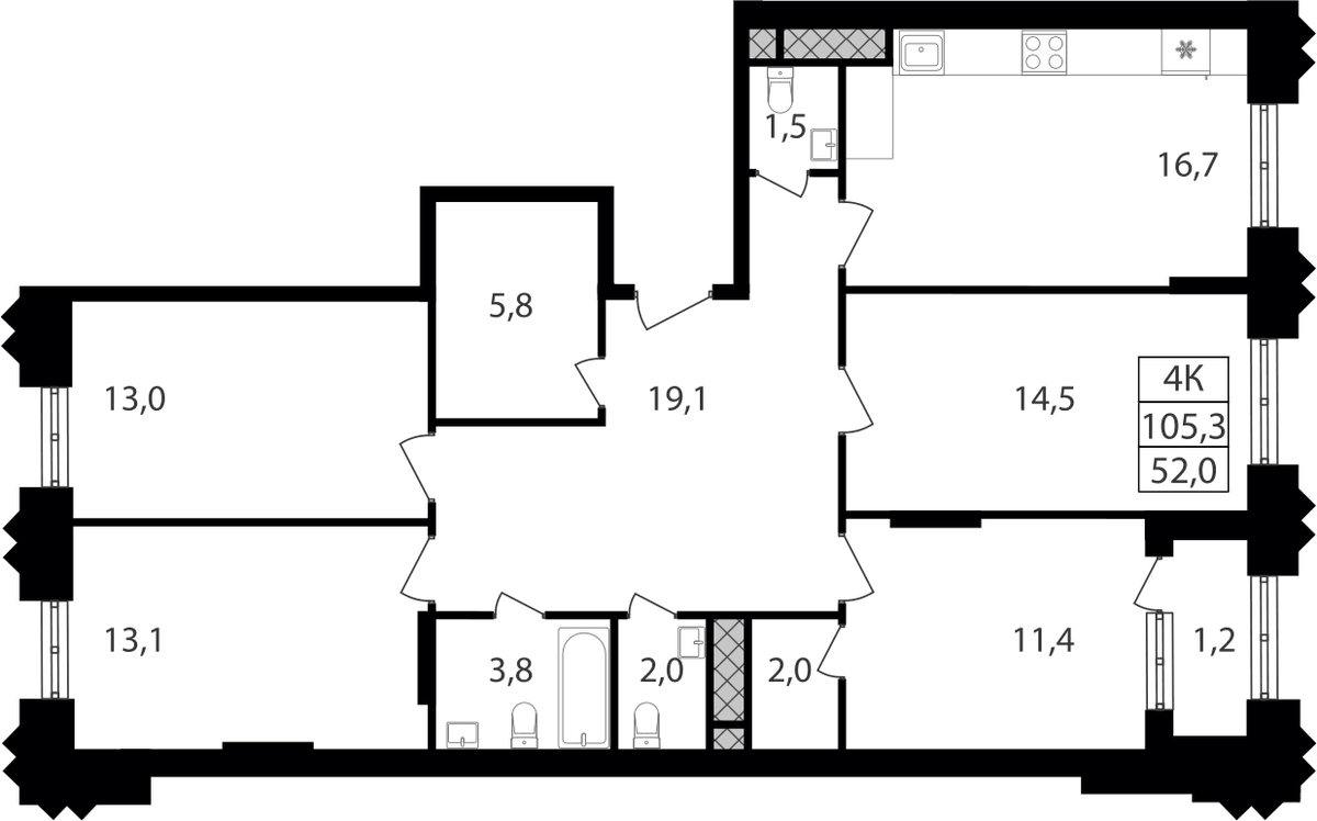 Планировка четырёхкомнатная 104.1 м² в ЖК «Варшавские ворота», корпус 1