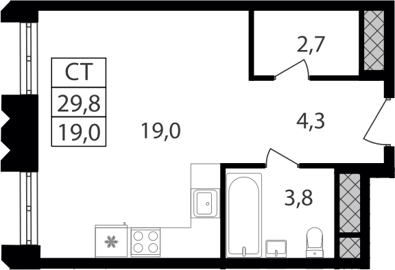 Планировка Студии 29.8 м² в ЖК «Варшавские ворота», корпус 1