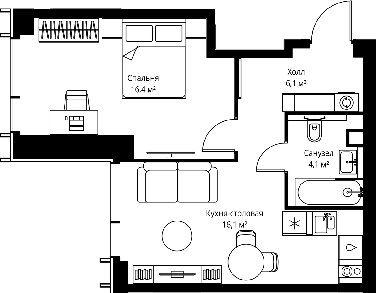 Планировка однокомнатная 42.7 м² в ЖК «Веер», корпус ВЕЕР 1.5