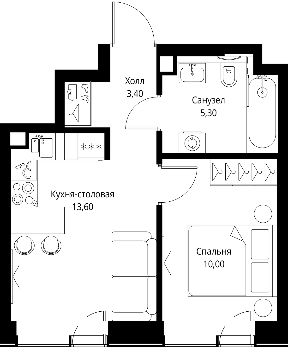 Планировка евродвушка (2Е) 31.5 м² в ЖК «Веер», корпус ВЕЕР 1.3