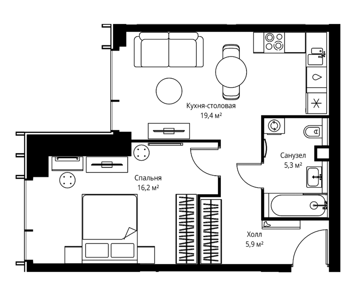 Планировка евродвушка (2Е) 46.8 м² в ЖК «Веер», корпус ВЕЕР 1.5