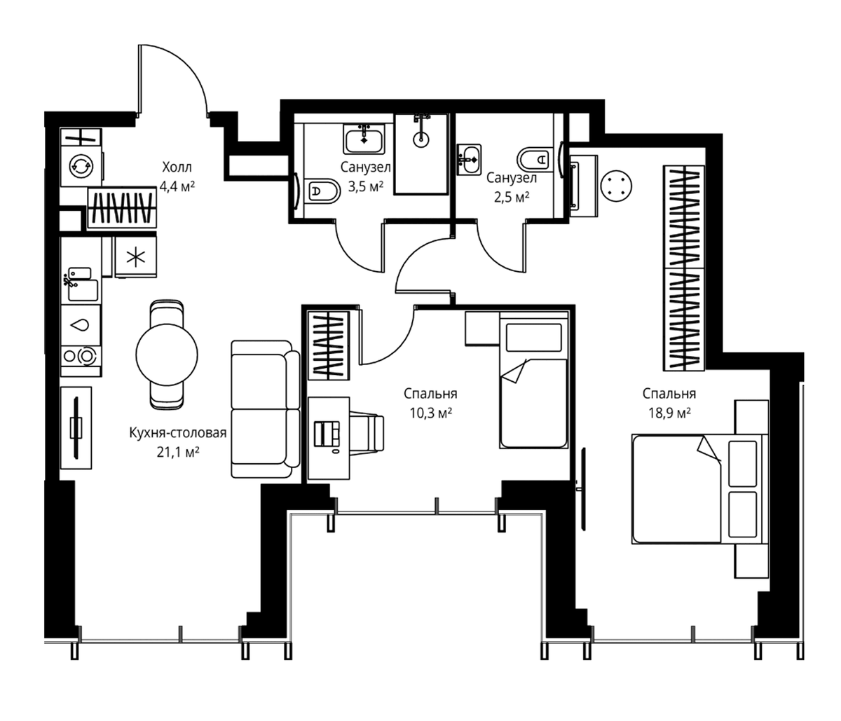 Планировка евротрёшка (3Е) 60.7 м² в ЖК «Веер», корпус ВЕЕР 1.5