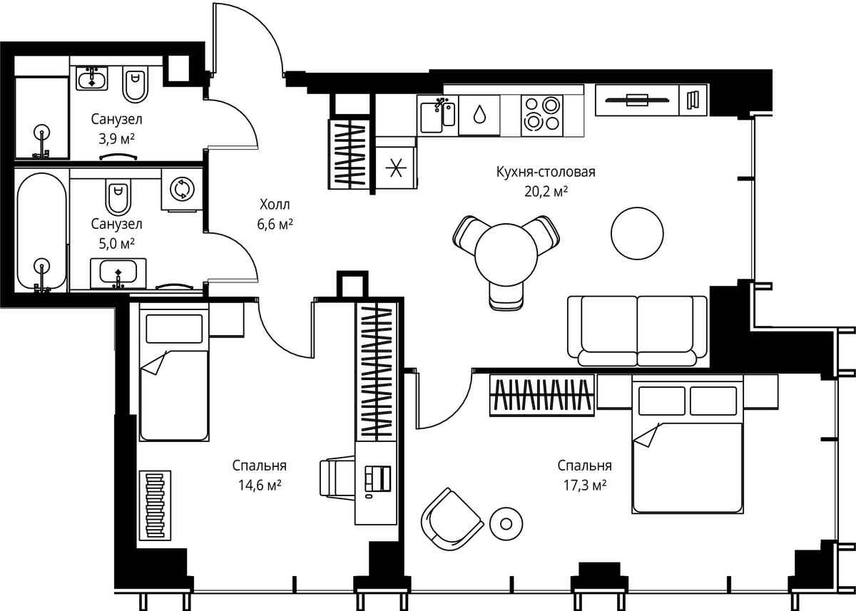 Планировка евротрёшка (3Е) 67.6 м² в ЖК «Веер», корпус ВЕЕР 1.5