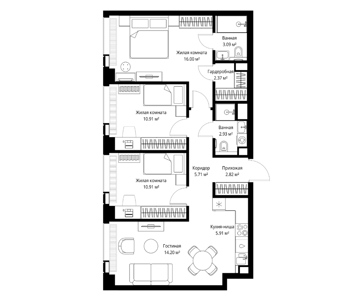 Планировка евро-4 (4Е) 74.85 м² в ЖК «Веер», корпус ВЕЕР 2.2