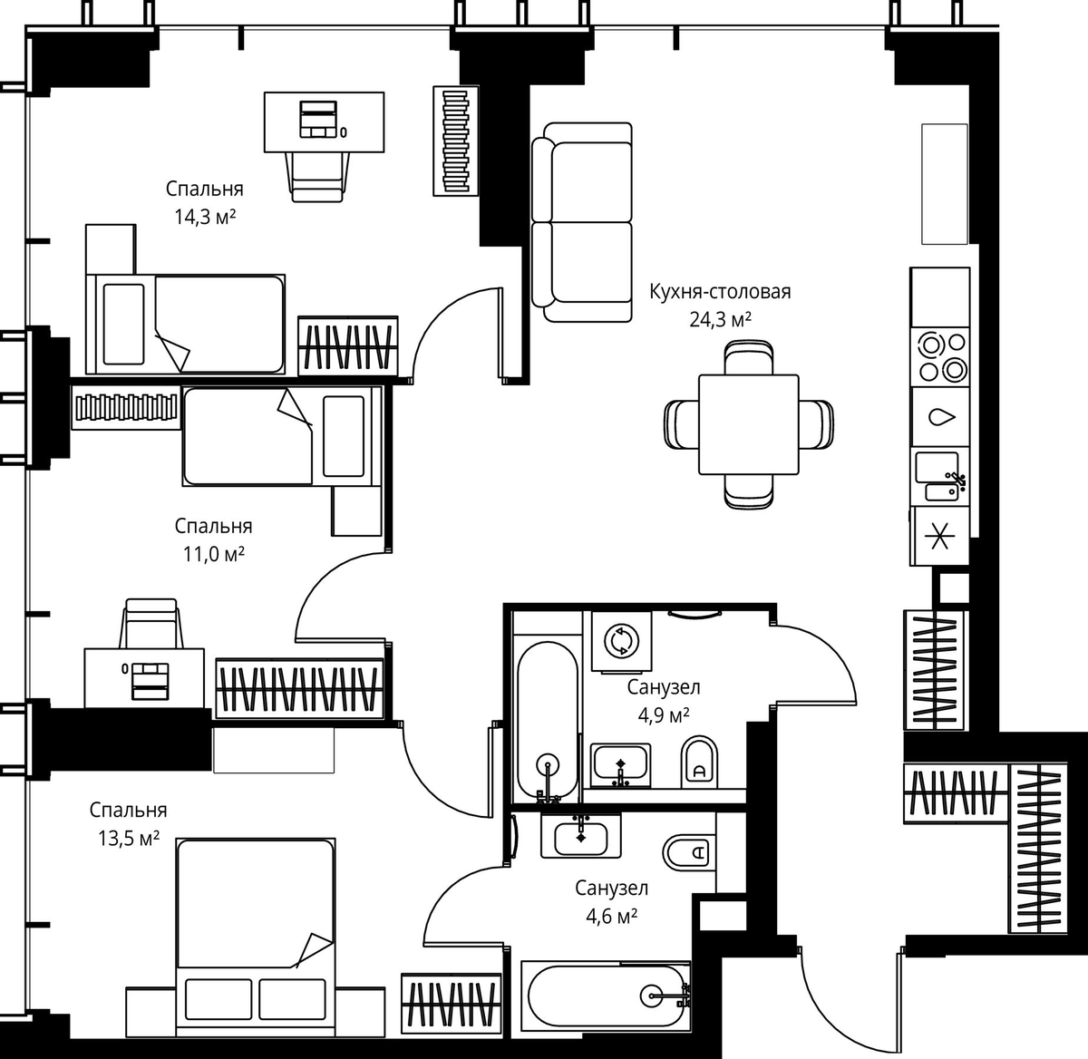 Планировка евро-4 (4Е) 84.9 м² в ЖК «Веер», корпус ВЕЕР 1.5