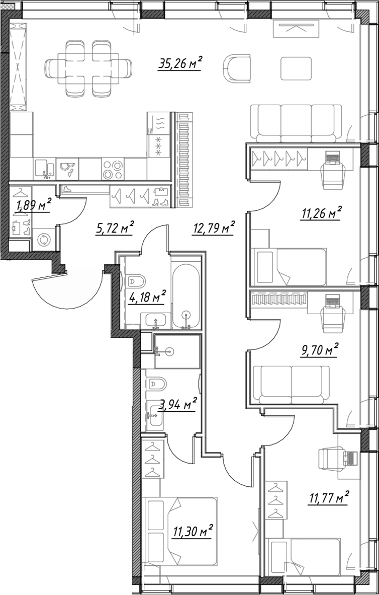 Планировка 5Е-к.кв 107.9 м² в ЖК «Веер», корпус ВЕЕР 1.4