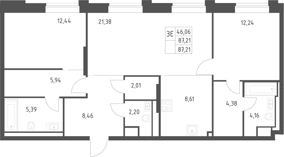 Планировка евротрёшка (3Е) 87.21 м² в ЖК «Верейская 41», корпус 3.1