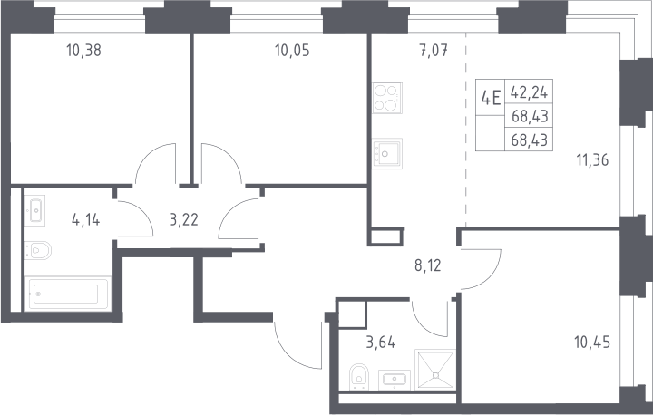 Планировка евро-4 (4Е) 68.43 м² в ЖК «Верейская 41», корпус 1.1