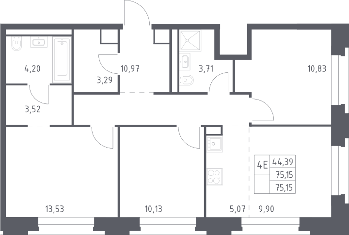 Планировка евро-4 (4Е) 75.15 м² в ЖК «Верейская 41», корпус 1.1