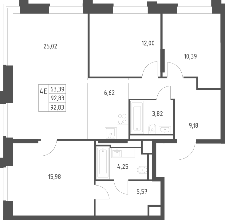 Планировка евро-4 (4Е) 92.83 м² в ЖК «Верейская 41», корпус 3.1