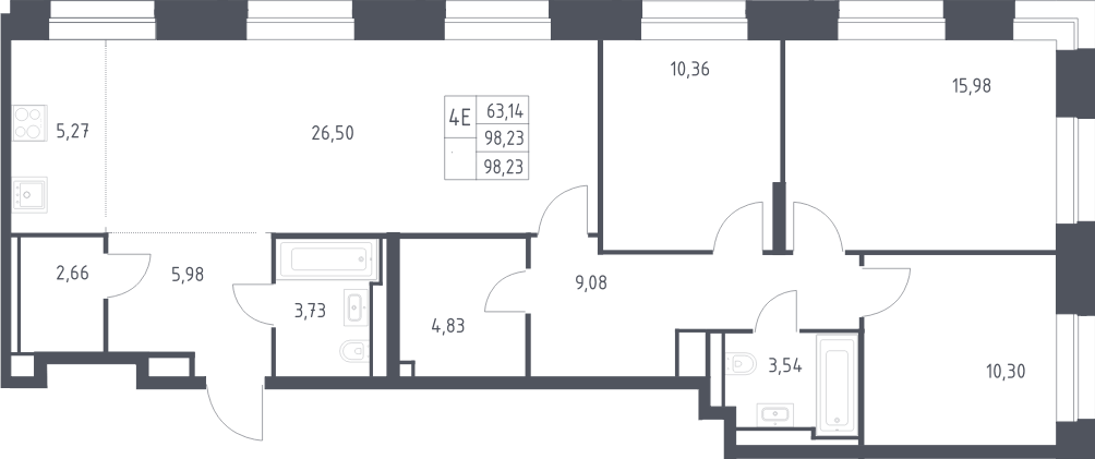 Планировка евро-4 (4Е) 98.23 м² в ЖК «Верейская 41», корпус 2.1