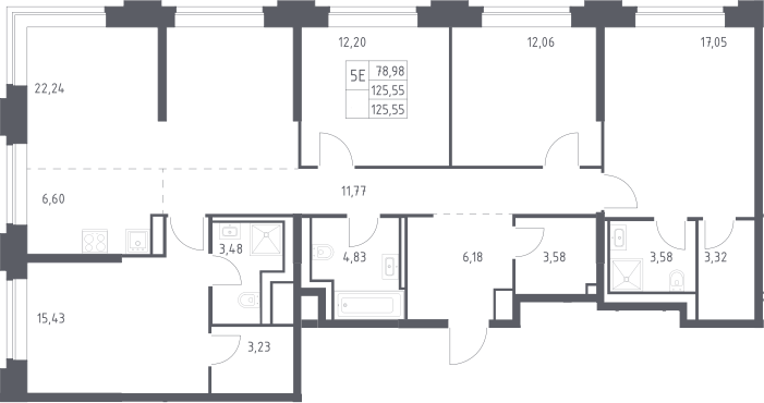 Планировка 5Е-к.кв 125.55 м² в ЖК «Верейская 41», корпус 4.2