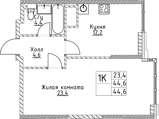 Планировка однокомнатная 44.6 м² в ЖК «ВЭРИ на Миклухо-Маклая», корпус 1