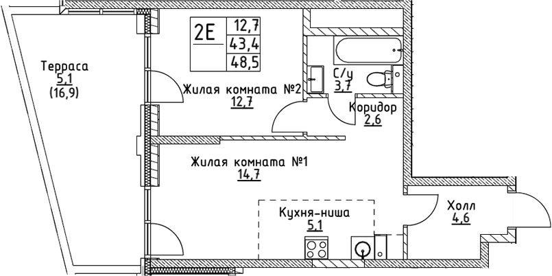 Планировка евродвушка (2Е) 48.5 м² в ЖК «ВЭРИ на Миклухо-Маклая», корпус 3
