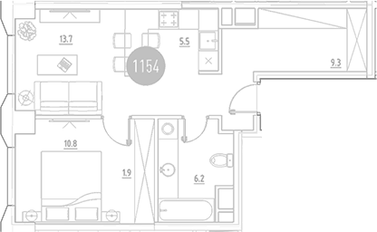 Планировка евродвушка (2Е) 47.4 м² в ЖК «ВЭРИ на Ботанической», корпус 5
