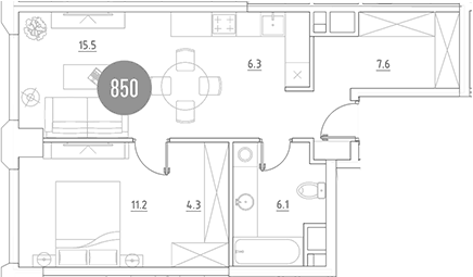 Планировка евродвушка (2Е) 51 м² в ЖК «ВЭРИ на Ботанической», корпус 4