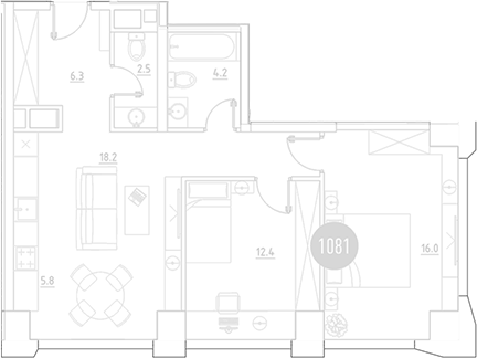 Планировка евротрёшка (3Е) 65.4 м² в ЖК «ВЭРИ на Ботанической», корпус 5