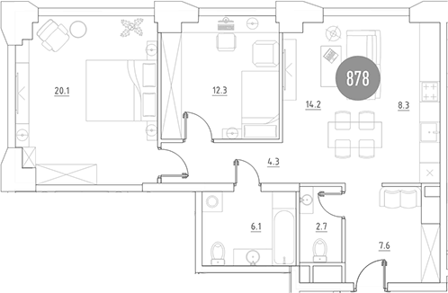 Планировка евротрёшка (3Е) 75.6 м² в ЖК «ВЭРИ на Ботанической», корпус 4