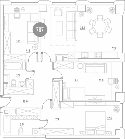 Планировка евро-4 (4Е) 114.4 м² в ЖК «ВЭРИ на Ботанической», корпус 4