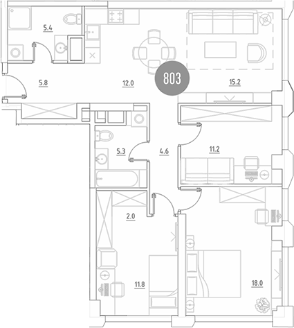 Планировка евро-4 (4Е) 91.3 м² в ЖК «ВЭРИ на Ботанической», корпус 4