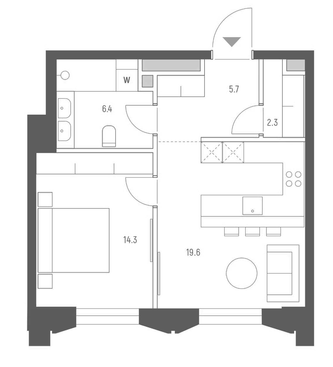 Планировка евродвушка (2Е) 48.3 м² в ЖК «Веспер Кутузовский», корпус 8